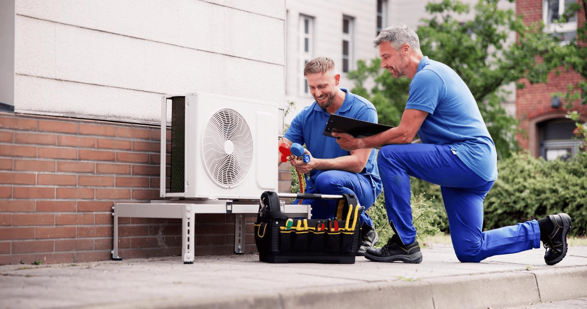HVAC technicians repairing residential air conditioning system in Holly MI