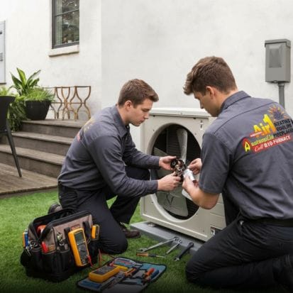Two young Adkisson Air1 technicians wearing grey uniform shirts with the company logo on the back, kneeling and repairing a Daikin outdoor heat pump unit on a patch of artificial turf outside a modern home. They are using tools from a comprehensive soft-sided tool bag and multimeter.