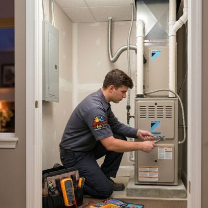 A professional HVAC technician wearing a grey Adkisson Air1 uniform shirt, kneeling in a residential utility closet in Lake Orion, MI. He is performing an installation on a Daikin high-efficiency furnace. The scene includes professional tools, a yellow multimeter, and clean PVC venting, highlighting a precise and high-quality indoor heating installation.