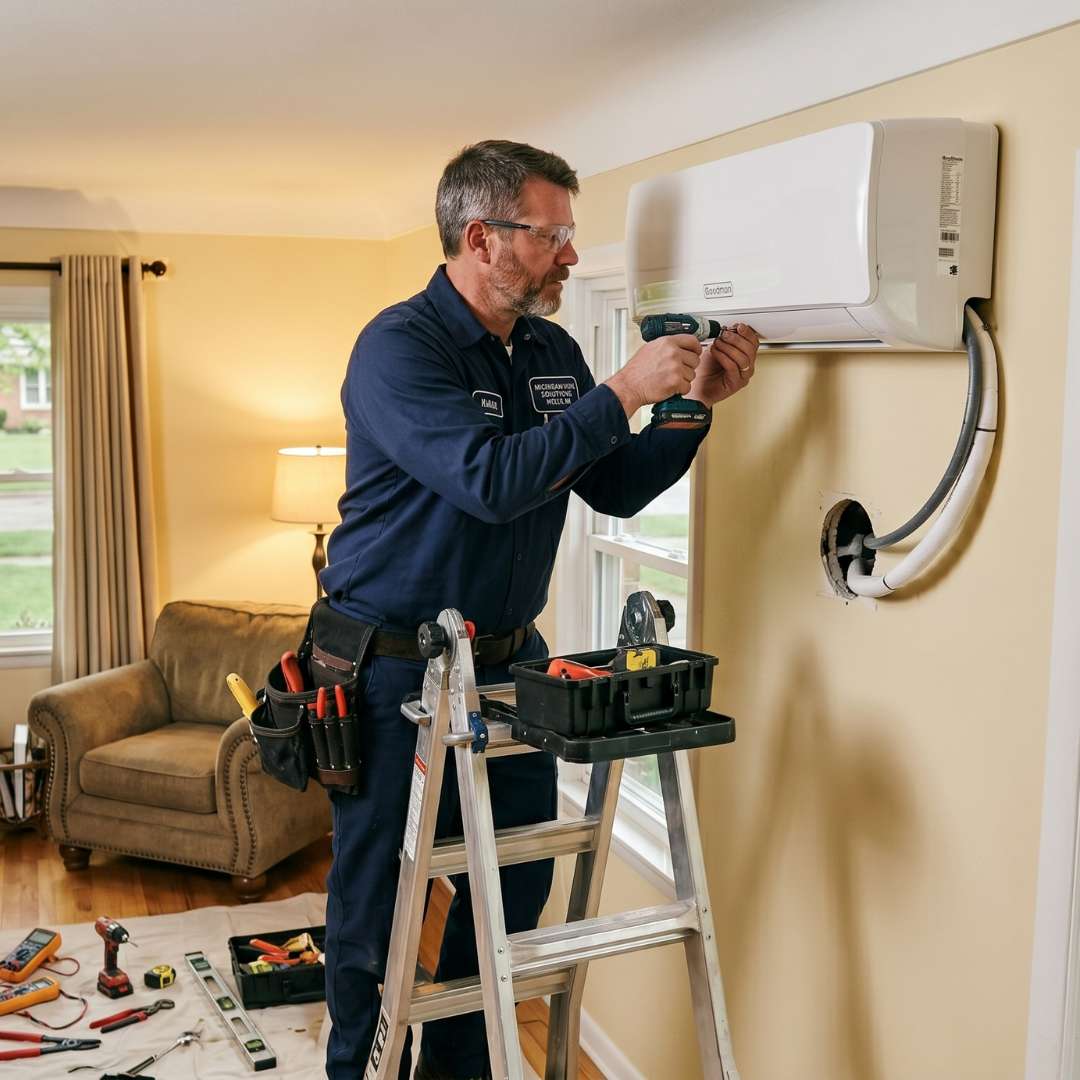 Technician performing mini split installation in Holly, MI