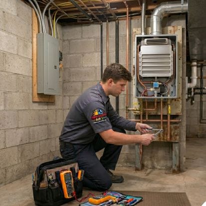 Tankless water heater repair service in Clarkston, MI with technician working on unit in basement