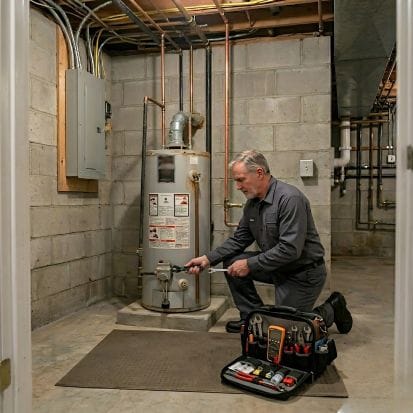An Adkisson Air 1 technician with graying hair, wearing a gray uniform with the company logo on the chest and a location patch on the sleeve, kneels in a utilitarian basement with concrete block walls in Swartz Creek, Michigan. He is performing a repair on a rusted gas water heater, using a wrench to adjust a pipe connection. Beside him is his open tool bag containing a multimeter and various professional tools. Complex copper and galvanized pipes and electrical conduit are visible overhead.