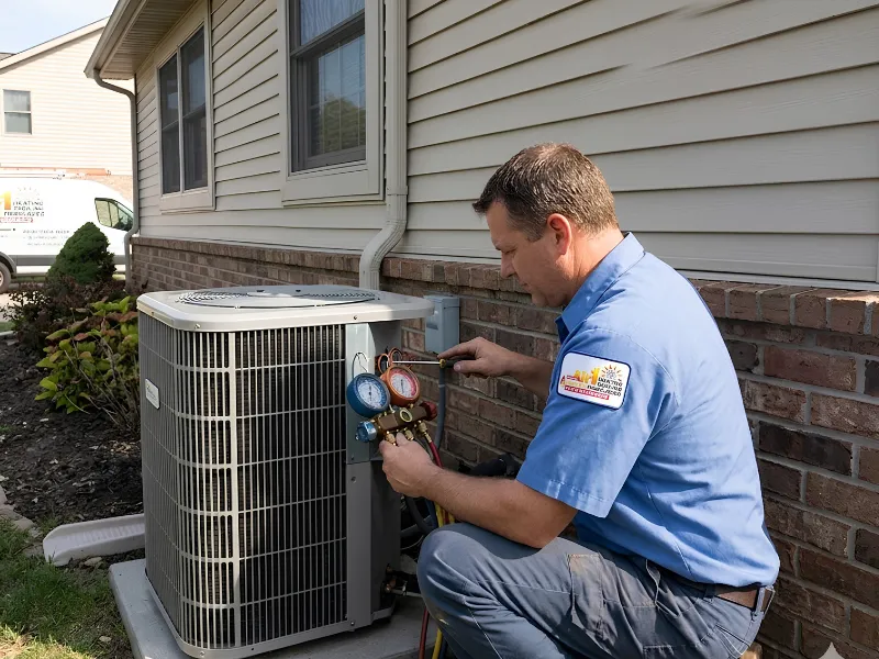 An HVAC person fixing an air conditioner on the side of a house. 