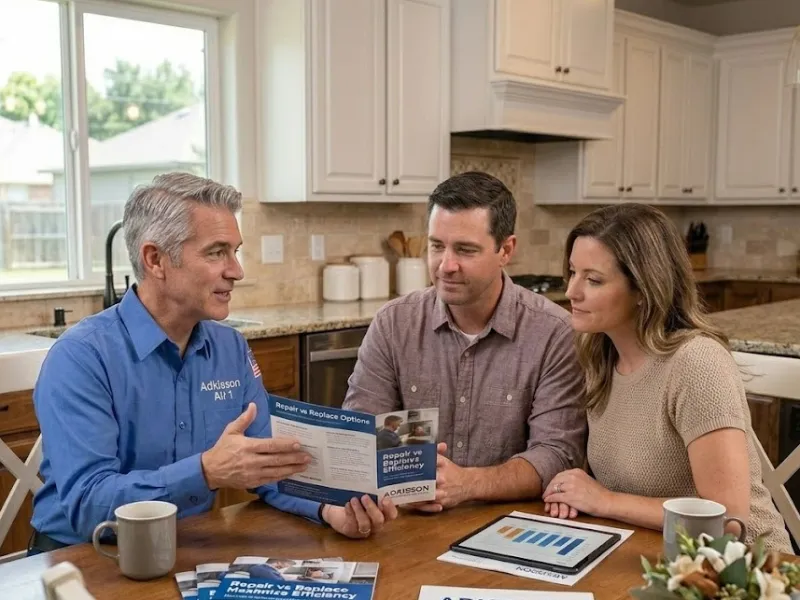 An HVAC sales person reviewing repair vs replace options for an air conditioner unit. 