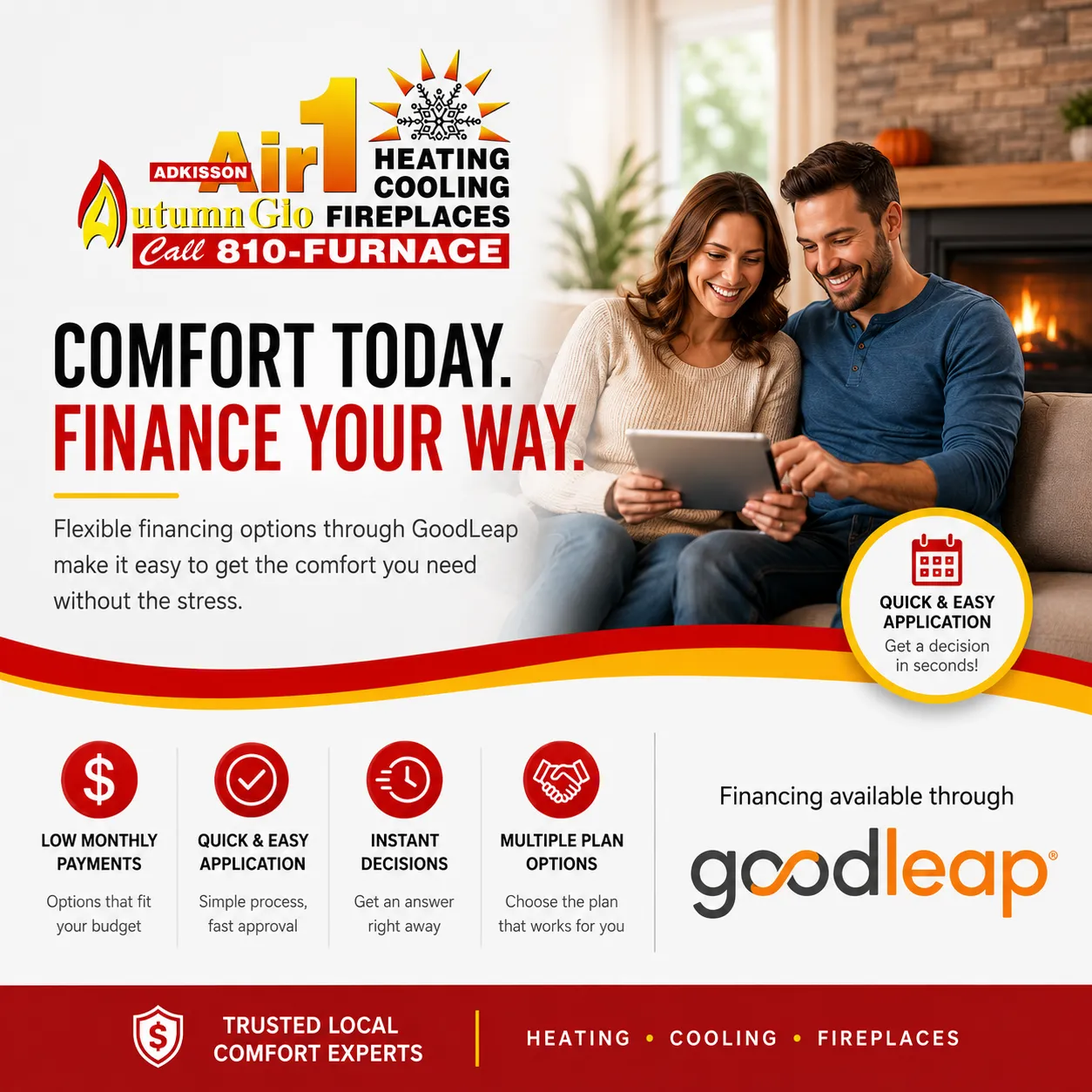 Adkisson Air1 Heating Cooling Fireplaces financing graphic featuring a smiling couple at home, flexible HVAC and fireplace financing through GoodLeap, low monthly payment options, quick application process, and the Adkisson Air1 logo with “Call 810-FURNACE.