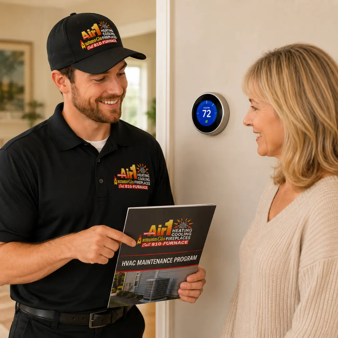 echnician explaining the Adkisson Air HVAC maintenance plan to a homeowner in Holly, MI